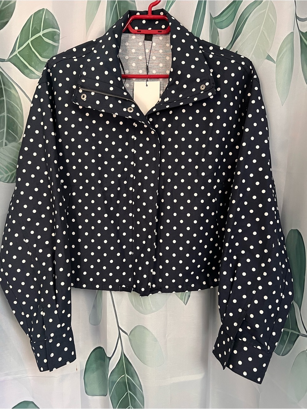Zara Navy Blue Cropped Button-Down Jacket with White Polka Dots